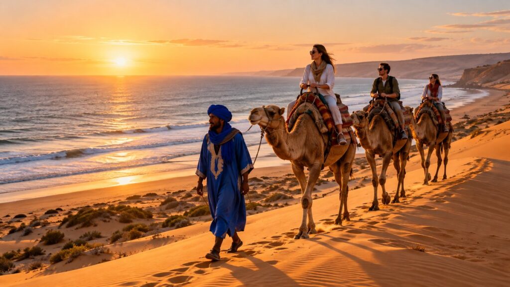 Camel caravan on the dunes near Agadir at sunset