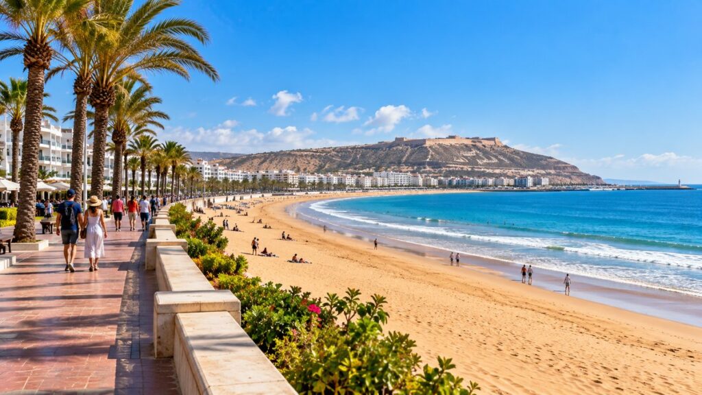 Agadir beach and promenade on a sunny spring morning