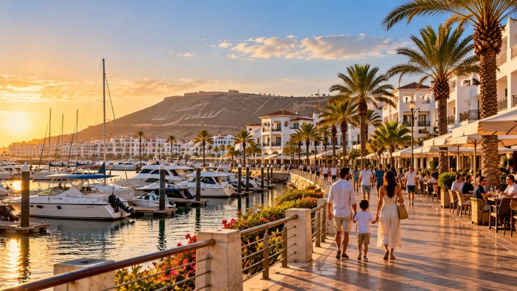 Agadir marina and seafront promenade in the late afternoon