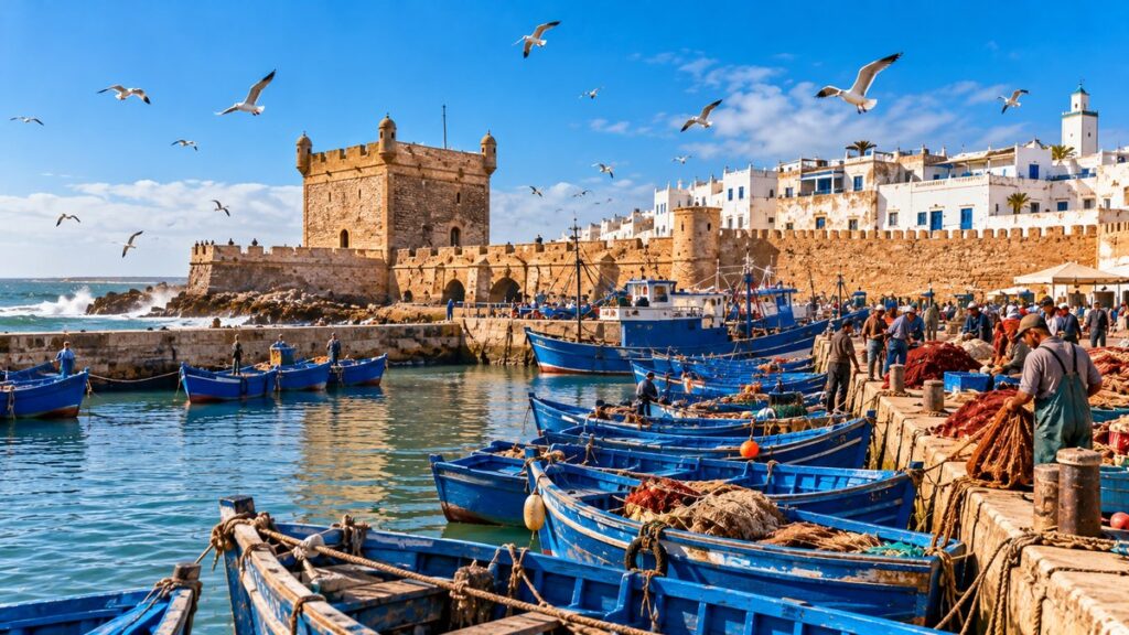Blue fishing boats in the port of Essaouira