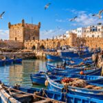 Blue fishing boats in the port of Essaouira