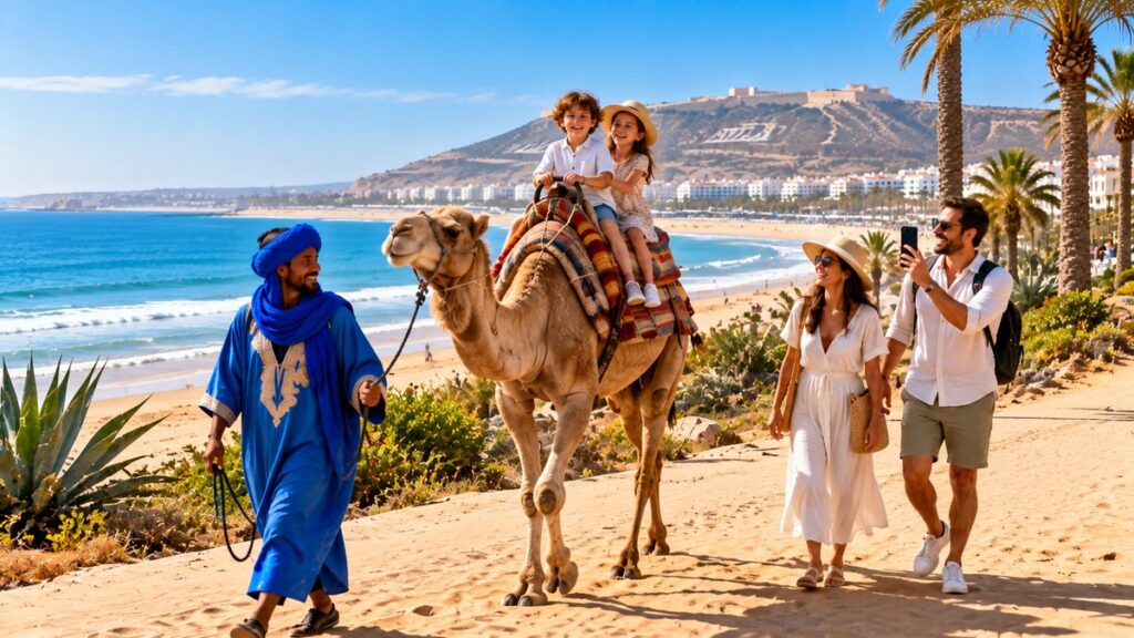 Family with children on a camel ride in Agadir
