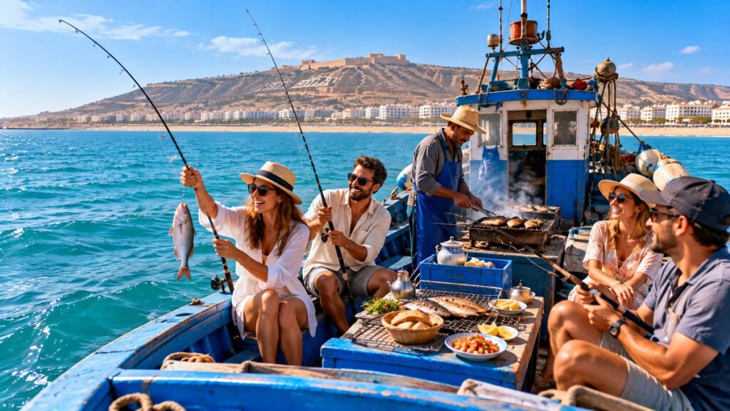 Tourists fishing on a boat trip in Agadir bay