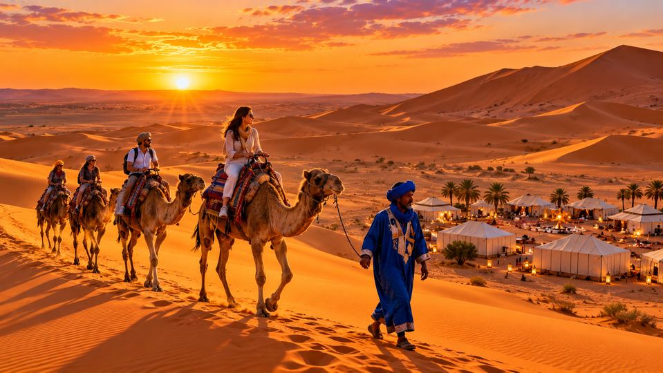 Sahara desert tour from Agadir: camel caravan on the Erg Chebbi dunes